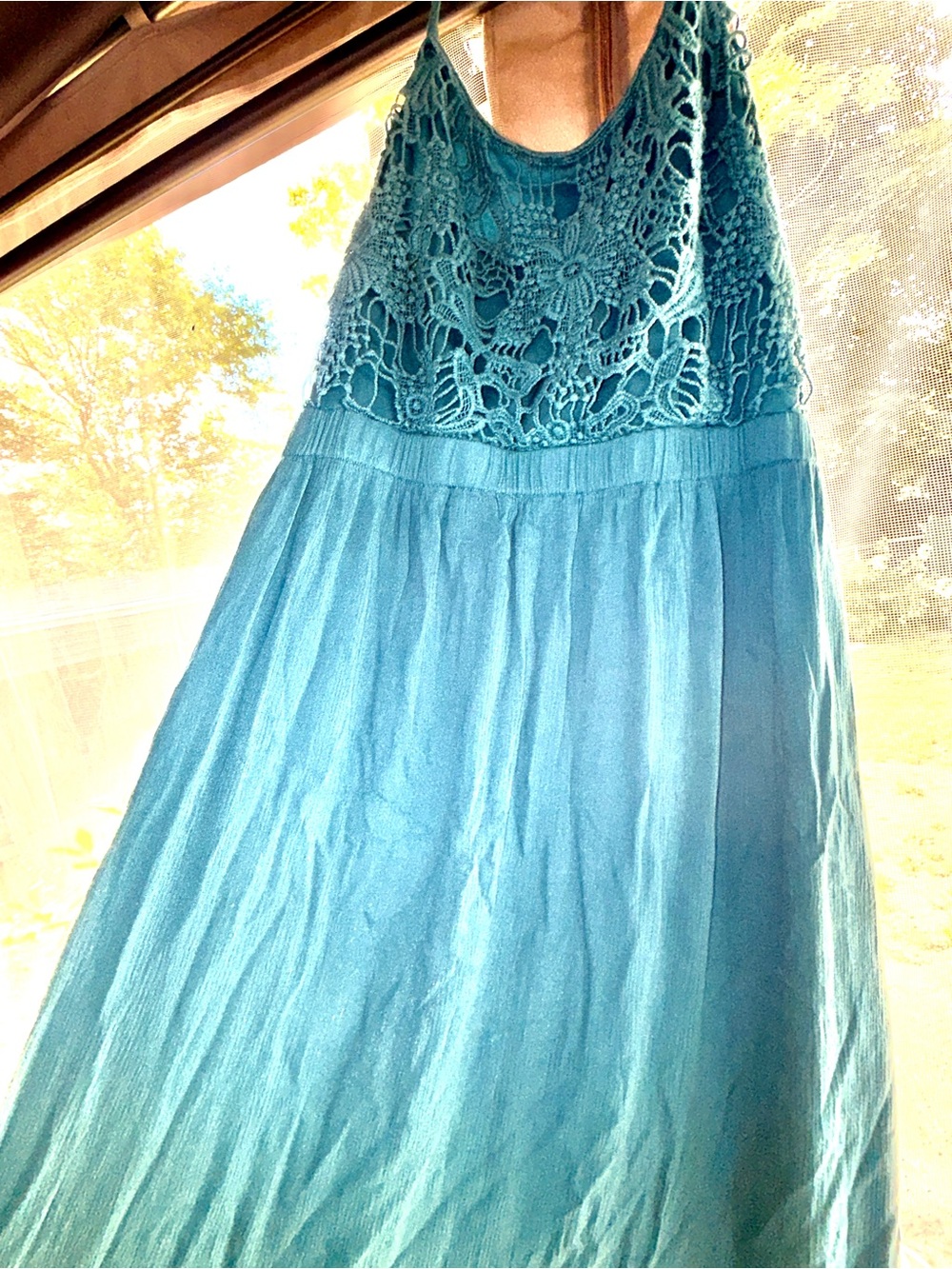 Source Unknown Teal Crochet Bodice Maxi Dress